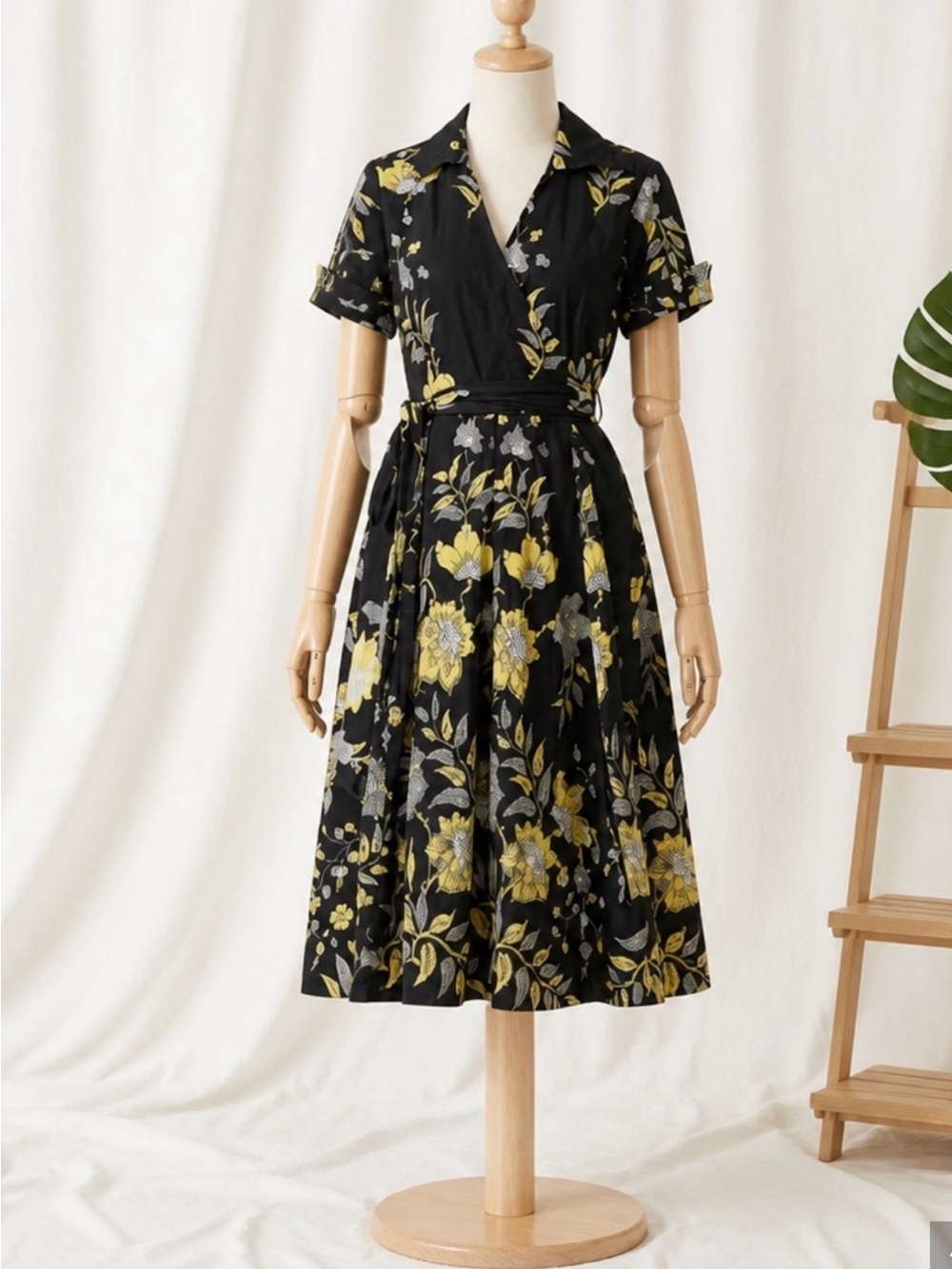 Vintage Gado gado Black Floral Fit-and-Flare Wrap Dress with Yellow Accents
